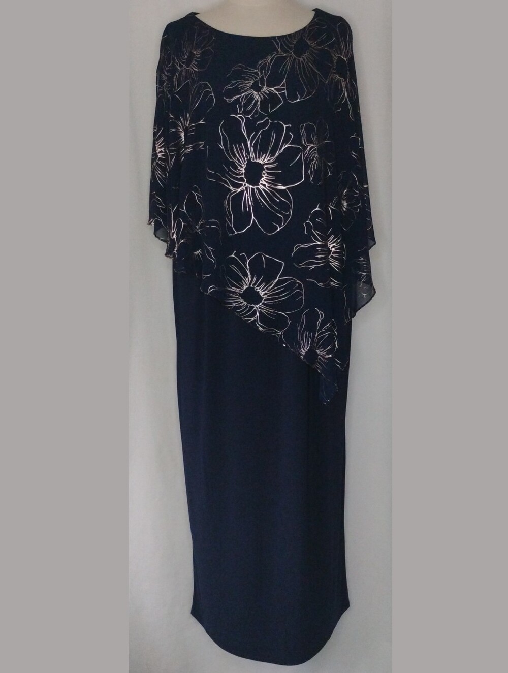 Size 20W SLNY Navy Blue Sleeveless Maxi Dress Sheer Metallic Floral Beaded Shawl